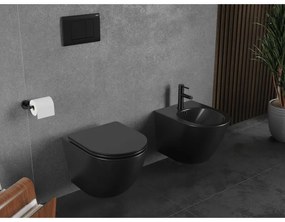 Mexen Lena, falra akasztható wc csésze 490x360x340 mm, Perem nélküli Tornado + duroplast wc ülőke, matt fekete, 30221085T
