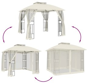 krémszínű acél dupla tetős pavilon hálós falakkal 2,94 x 2,94 m