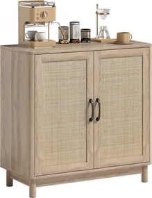 HOMCOM Boho tálalószekrény rattan ajtókkal, állítható polccal és lekerekített élekkel — tölgyfa hatás, 76 x 35 x 75,5 cm | Aosom