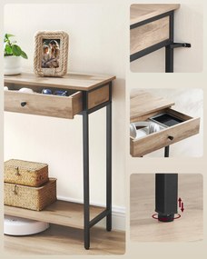 Fémvázas konzolasztal 2 fiókkal, ipari dizájn, tevebarna-fekete színben