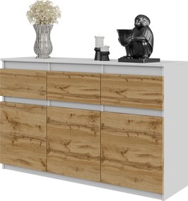 Komód 120 cm Fehér Matt Wotan Tölgy 3 Fiók, 3 Ajtó, 3 Polc Széles