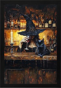 Poszter Keret Fa Portré Boszorkány Macska Bár Bor 40x60