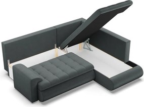 Tokio sarokkanapé, L alakú háttámlával, 2 ágyneműtartóval, bársony, jobboldali, szürke