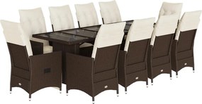 vidaXL 11 részes barna polyrattan kerti bisztrógarnitúra párnákkal