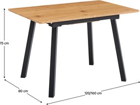 Kihúzható étkezőasztal, 120-160x80 cm, tölgy/fekete, DIRAN