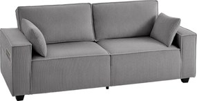 HOMCOM 3 személyes kanapé, 218 cm széles, széles karfákkal, 2 párnával, kényelmes kordbársony ülőgarnitúra, párnázott kárpitozás, világosszürke | Aoso