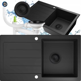 Fekete gránit mosogató egy medencével, csepegtetővel, beépíthető szifon