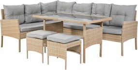 „BERNO” RATTAN BÚTOR SZETT (SAROKKANAPÉ + 2 PUFF + ASZTAL) BÉZS SZÍNBEN, SZÜRKE PÁRNÁKKAL