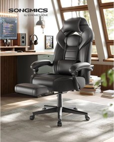SONGMICS gamer szék lábtartóval, ergonomikus irodai szék fej- és deréktámasszal, 135°-ig dönthető, 150 kg, fekete