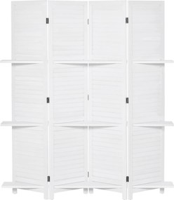 HOMCOM 4-Panel Fa Szobai Elválasztó Hajtható Partíció 3 Leválasztható Polccal Zsalugáteres Kialakítással Hálószobába Irodába 160x170 cm Fehér | Aosom