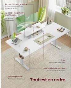 Magasságállítható íróasztal, 160 x 80 cm, fehér