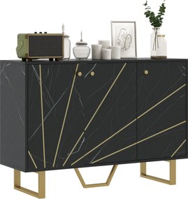 HOMCOM Modern Oldalpolc Nappali Oldalpolc 2 Ajtóval és Állítható Polccal, Kiegészítő Bútor Nappaliba Márvány Hatással, Anti-Billenés 107x35x75 cm Feke