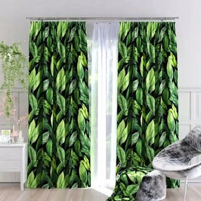 Modern, levélmintás függöny Gamela fekete 150 cm széles méteráru