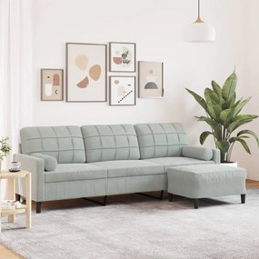 3 személyes világosszürke bársony kanapé lábtartóval 210 cm