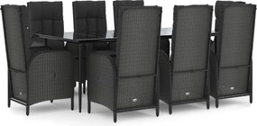 vidaXL 9 részes fekete polyrattan kerti étkezőgarnitúra párnákkal