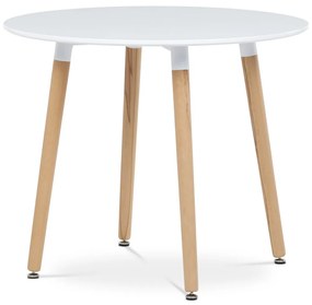 Masă de sufragerie Young in stil scandinav. Masă de sufragerie, 90x90x74 cm, MDF - lac mat alb, cadru metalic, picioare din lemn