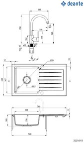 Deante Zorba, gránit mosogató 760x440x160 mm W/O, 3,5" + helytakarékos szifon, 1kamrás + Nemezja csaptelep, bézs, ZQZV5113