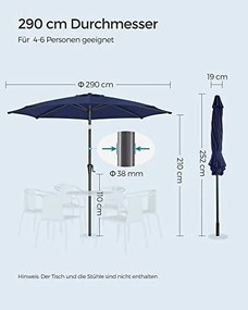 Napernyő teraszra, dönthető, kék, 290 cm átmérő