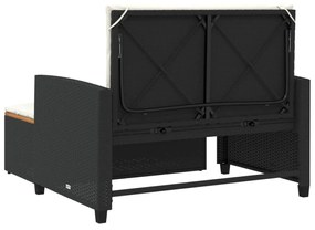 2 személyes fekete polyrattan/akácfa kerti kanapé párnával
