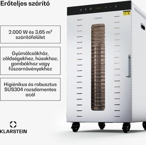Klarstein MasterJerky 350, szárító, teljesítmény 2 000 W, hőmérséklet-tartomány 30 - 90 °C, 24 órás időzítő, rozsdamentes acél
