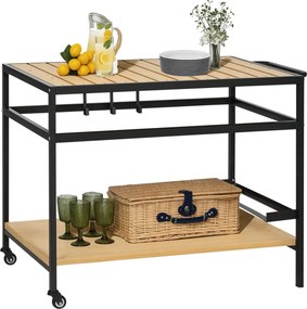 Outsunny Tálalókocsi, Grillező Kocsi 2 Polccal, Kert Kocsi Függőkkel, Kültéri Tödbcélú Asztal Kerekekkel, Kerthez és Erkélyhez, Természetes, 107 x 65