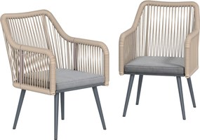 Outsunny 2 db kerti rattan szék párnákkal és kartámaszokkal, porszórt acél váz — időjárásálló erkély/terasz, világosszürke (54.1 x 65.0 x 80.0 cm) | A