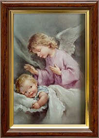 Vászonkép 18x13 Őrangyal Angyal Barna Arany Díszített Fa Keret