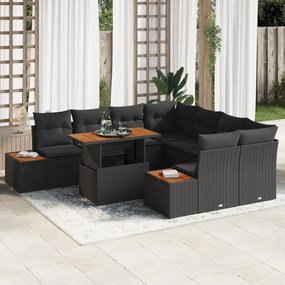 9 darabos kert kanapé szett párnákkal Fekete Poly Rattan