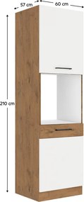 Magas szekrény beépített sütőnek, lancelot tölgy/ fehér extra magas fényű HG, VEGA 60 DP-210 2F