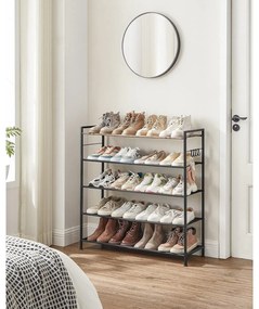 Cipőtartó 5 szintes, fém cipőtartó 20-25 pár cipőhöz, 29x89x92,5 cm, barna-fekete