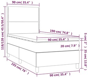 sötétszürke bársony rugós és LED-es ágy matraccal 90x190 cm