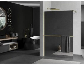 Mexen Kioto+, Walk-In zuhanyparaván polccal és akasztóval 110 x 200 cm, 8 mm-es tükörmintás üveg, arany matt profil, 800-110-121-55-50