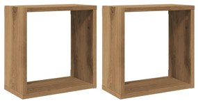 2 db kézműves tölgyszínű szerelt fa fali kockapolc 30x15x30 cm