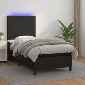 Fekete műbőr rugós ágy matraccal és LED-del 90x200 cm