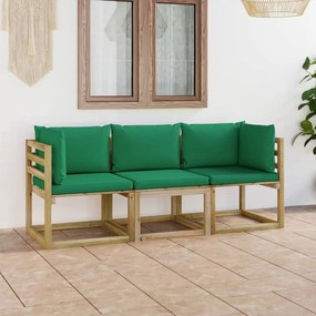 vidaXL háromszemélyes kerti kanapé zöld párnákkal