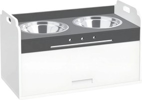 PawHut emelt kutyaetető tárolós szekrénnyel, 2 rozsdamentes tál (lassító tál), csúszásgátló — Fehér | Aosom