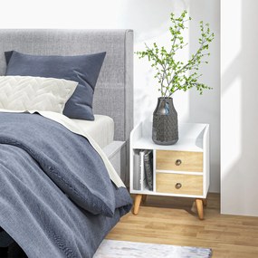 HOMCOM Éjjeli Székasztal 2 Nagy Fiókkal és 1 Nyitott Polccal, Emelt Fenyőlábakkal, Nordikus Design, 43x30x49 cm, Fehér | Aosom