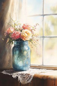 Vászonkép Canvas Akvarell Virágok Rózsák Befőttesüveg Ablak Shabby Chic 40x60