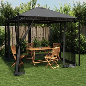 antracitszürke acél pavilon hálós oldalakkal 2,93 x 2,93 m