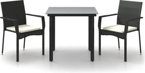 vidaXL 3 részes fekete polyrattan kerti étkezőgarnitúra párnákkal