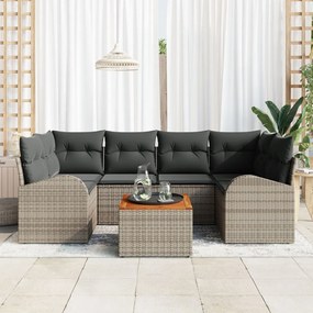 7 darabos kerti kanapészett párnákkal szürke poli rattan akáciából, 2 fős kerti kanapé tárolóval és párnákkal szürke poli rattan
