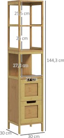 Kleankin Cozy Stílusú Fürdőszobai Oszlop Tároló Szekrény 30L x 30W x 144H cm 3 Polccal és 2 Fiókkal Természetes Bambuszból | Aosom
