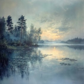 Vászonkép Canvas Tájkép Tó Fák Naplemente Köd 80x80