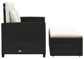 2 személyes fekete polyrattan/akácfa kerti kanapé párnával