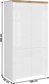 Szekrény 4D, fényes fehér/wotan tölgy, VILGO