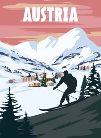 Illusztráció Austria Ski resort poster, retro. Alpes, VectorUp