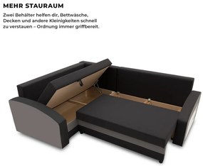 Grande sarokkanapé polcokkal , polc a jobb karfaban, baloldali, szövet anyag, bonell töltet, fekete - szürke