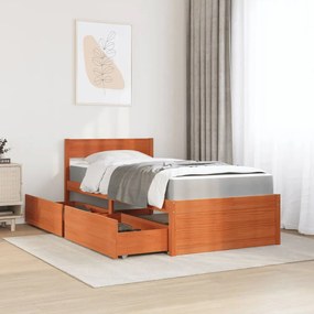 viaszbarna tömör fenyőfa ágy fiókokkal és matraccal 90 x 200 cm
