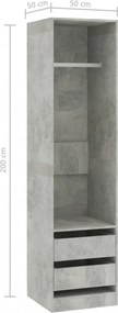 betonszürke szerelt fa ruhásszekrény fiókokkal 50 x 50 x 200 cm