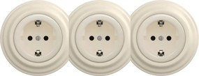 Kliklap - Háromaljzatú retro fali konnektor kerettel, SCHUKO, 230 V, bézs